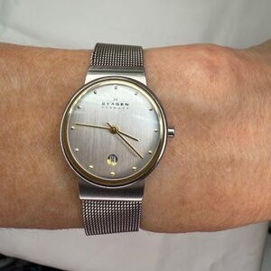 Skagen Ladies Watch Silver Round Face Mesh Easy Adjust Band Runs New Battery